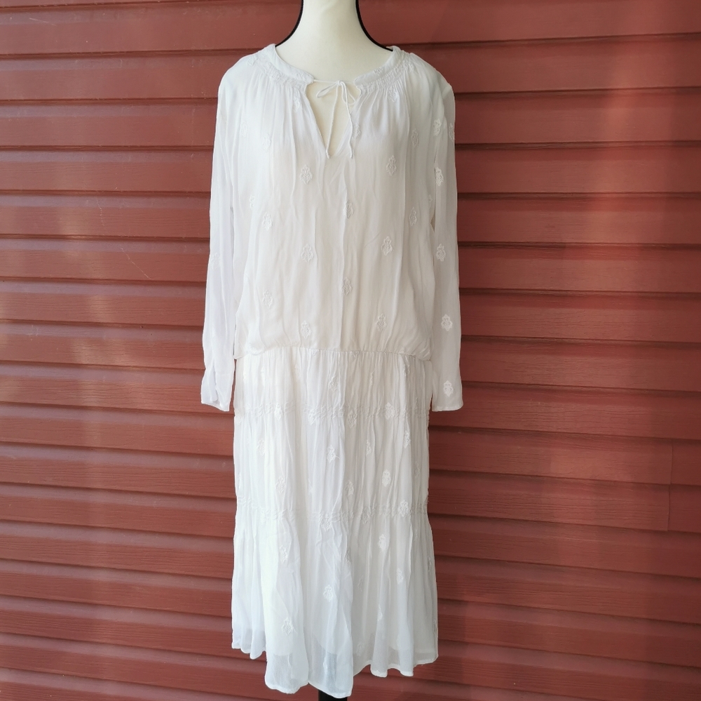 Promod White Long Sleeve midi dress with Bishop Sleeves